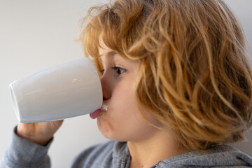 Kid holding a glass of fresh milk. Child with milk moustache drinking milk. Healthy breakfast for children. Healthy eating concept for kids. Little kid boy hold cup of milk.