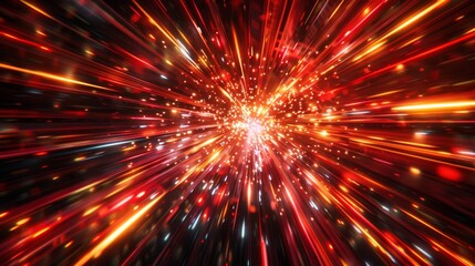 Obraz premium Vibrant light streaks in shades of Windsor Wine, Scarlet, and Bright Red converge into a brilliant central point in sci-fi warp speed effect.