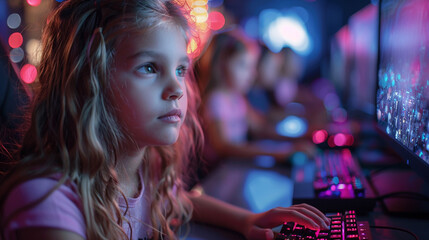 Fototapeta premium A little girl in pink clothes plays games in a computer club.