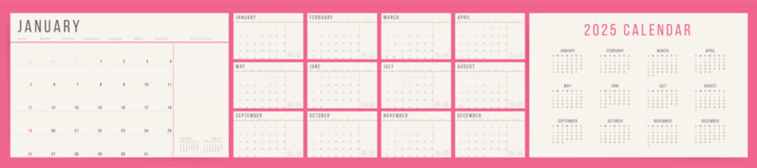 Calendar Template for 2025 year. Week starts on Sunday. Simple aesthetic elegant style. Work or business pink calendar. 2024 calendar in minimalist style. English vector calendar for 2024 year.	
