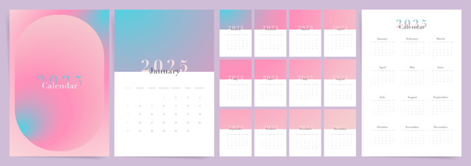 2025 Calendar template design. Week starts on Sunday pink office calendar for businesswoman. Aesthetic Gradient Design. Desktop planner in Modern Fashion Minimal Style. English vector calendar layout.
