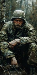 A soldier sits on the ground in the woods