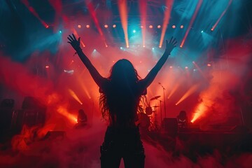 Silhouette of a woman with raised arms at a vibrant concert with colorful stage lights and smoke effects.