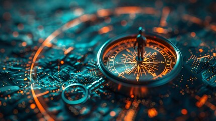 Close up of compass on circuit board with glowing background