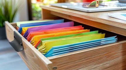  A drawer full of folders adjacent to a desk with a laptop atop it, and a potted plant beside the desktop area