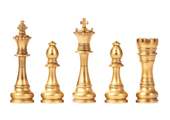 Luxurious golden chess set isolated on transparent or white background, png.