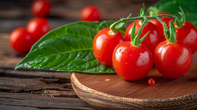 A tight shot of multiple tomatoes on a cutting board, accompanied by a green leaf nearby Tomatoes arranged on one side, wooden plate on the other