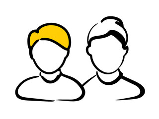 A vector illustration depicting male and female face silhouettes or icons, serving as avatars or profiles for unknown or anonymous individuals. The illustration portrays a man and a woman portrait.
