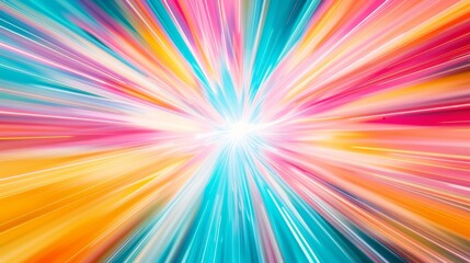 Pastel pink, teal, butter yellow, papaya orange light streaks converge in warp speed effect, creating a vibrant central point in sci-fi scene.