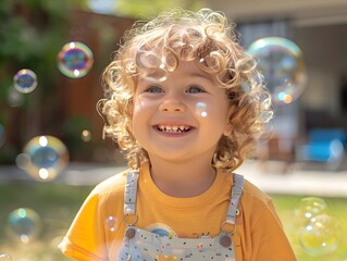 Fototapeta premium Gleeful Child Blowing Bubbles and Giggling in Backyard Capturing Carefree Childhood Moments