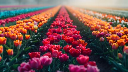 Vibrant Tulip Field Blooming in Full Splendor Aerial Drone Capture of Colorful Floral Landscape