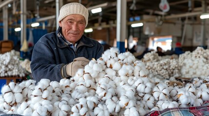  A man stands before a large pile of cotton in a room adorned with numerous blue and white checked blankets A comparable mound lies on the floor