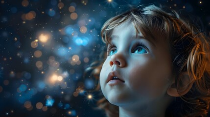 Awestruck Child Gazing at Starry Night Sky Filled with Wonder and Imagination