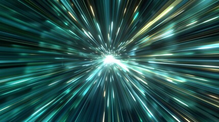 Futuristic warp speed scene with graystone, teal, and emerald light streaks merging into a vibrant core.