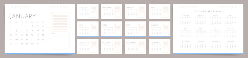 Calendar 2025. Calendar template 2025 for wall and desk use. Set of ready to print monthly designs with to do list and notes. Business minimal modern 2025 calendar.