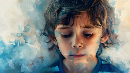Little boy with blue abstract painting on his face