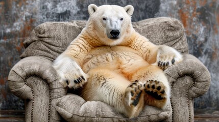  A large white polar bear sits on a chair, its paws resting on the seat behind its back legs - Powered by Adobe
