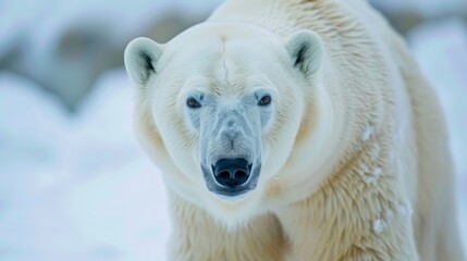  A polar bear's face in close-up, surrounded by snow in the foreground and on the right side