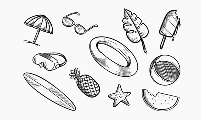 Set of hand drawn beach elements