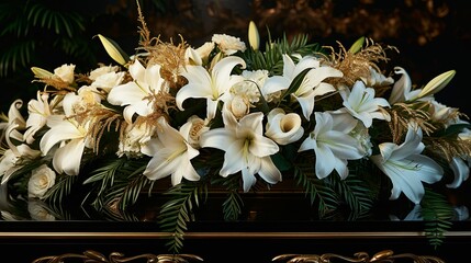 Funeral background with velvet and gold, arrangement with dark velvet, gold accents, and white lilies, exuding elegance and respect. 