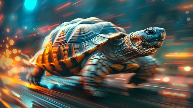 Funny creative animal pet concept, 3D digital art of cute turtle running at great speed, powerful running stance with blurred rapid motion, photo realistic surreal cartoon illustration background