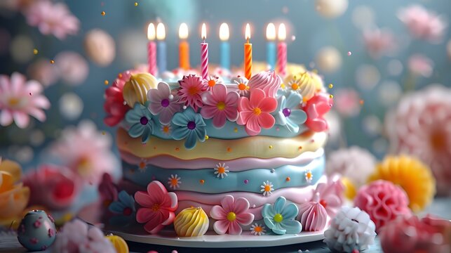 Birthday or christmas cake decorated with colorful sweet flower candle, poured with chocolate, happy romantic floral background. 3d modern digital art illustration, festive season holiday anniversary