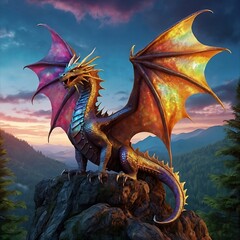 dragon in the sky /"Iridescent Guardian: A Mythical Dragon Perched on an Enchanted Cliff" 