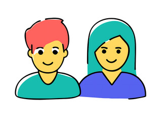 A vector illustration depicting male and female face silhouettes or icons, serving as avatars or profiles for unknown or anonymous individuals. The illustration portrays a man and a woman portrait.
