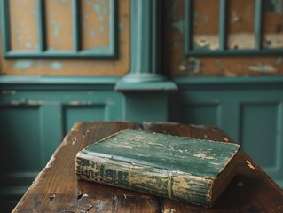 An ancient book on a wood table indoors