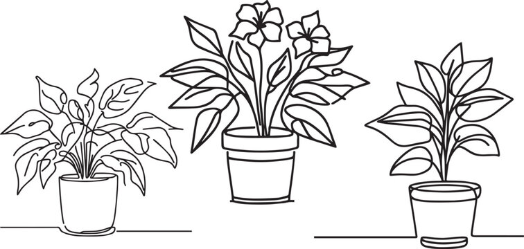 Continuous one line drawing of house plant in a pot. House plant or flower in a pot single outline vector illustration. Editable stroke.
