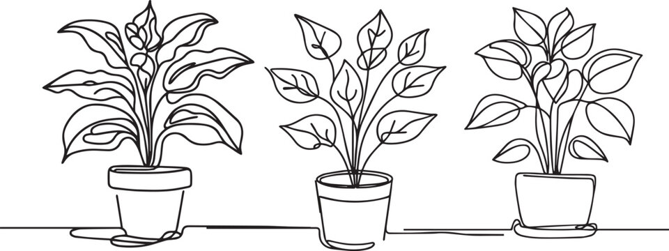 Continuous one line drawing of house plant in a pot. House plant or flower in a pot single outline vector illustration. Editable stroke.