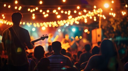 View from behind a guitarist looking over at a lively audience enjoying a music festival at a night venue