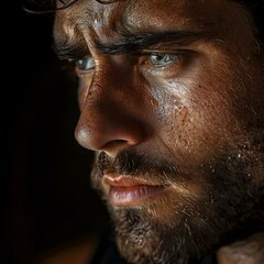 Portrait of a young man with a beard and a black eye
