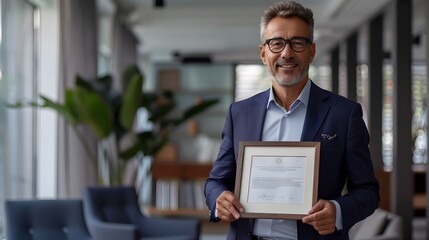 Proud Businessman Displaying Framed Achievement Certificate in Sleek Modern Office Interior