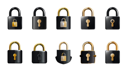 Set of icons, black and golden padlock icon set isolated on a transparent background
