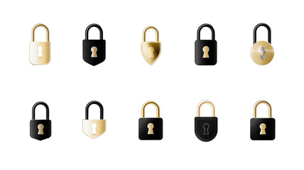 Set of icons, black and golden padlock icon set isolated on a transparent background