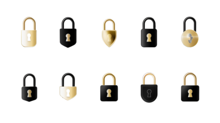 Set of icons, black and golden padlock icon set isolated on a transparent background