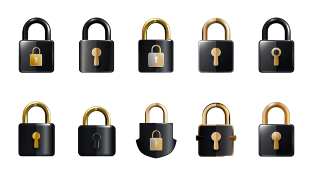 Set of icons, black and golden padlock icon set isolated on a transparent background