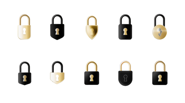 Set of icons, black and golden padlock icon set isolated on a transparent background - Powered by Adobe