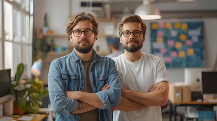 Fototapeta premium Successful Startup Founders Showcasing Their Innovative Product in a Trendy Office Environment
