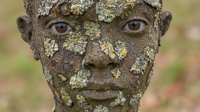  A tight shot of a child's statuesque face, speckled with lichen, against a hazy backdrop of grass and trees