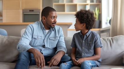 A father dressed in a denim shirt is attentively listening to his young son during a serious conversation