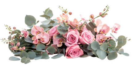 Pink roses, pink orchids, and eucalyptus leaves arranged in an arrangement on a transparent background