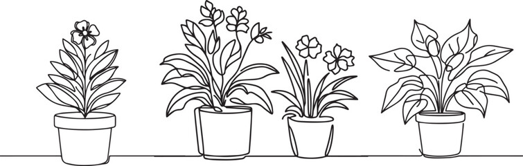 Continuous one line drawing of house plant in a pot. House plant or flower in a pot single outline vector illustration. Editable stroke.