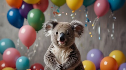 Cute koala with birthday balloons  on background.generative.ai 