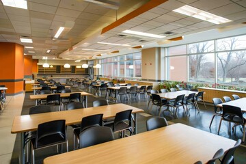 Professional Photography of the corporate cafeteria or dining area, where employees gather for meals and informa, Generative AI