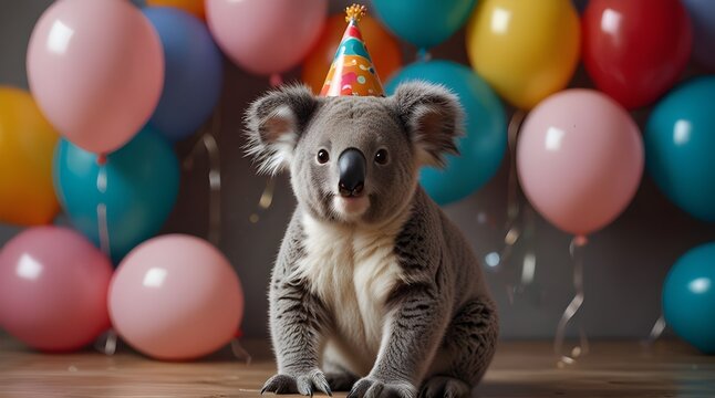 Cute koala with birthday balloons  on background.generative.ai 