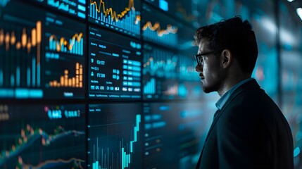 Financial Analyst Presenting Market Trends and Projections on Digital Display