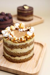 Assorted Seasonal mini cakes. Hazelnut, Opera, Salted Caramel, and Double Chocolate. Endless variety, easy serving, moist layers, rich frosting. A symphony of flavor in every bite. Bakery products. 