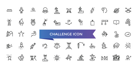 Challenge icon collection. Related to mission, competition, obstacle, battle, problem solving, teamwork, overcoming and triumph icons.